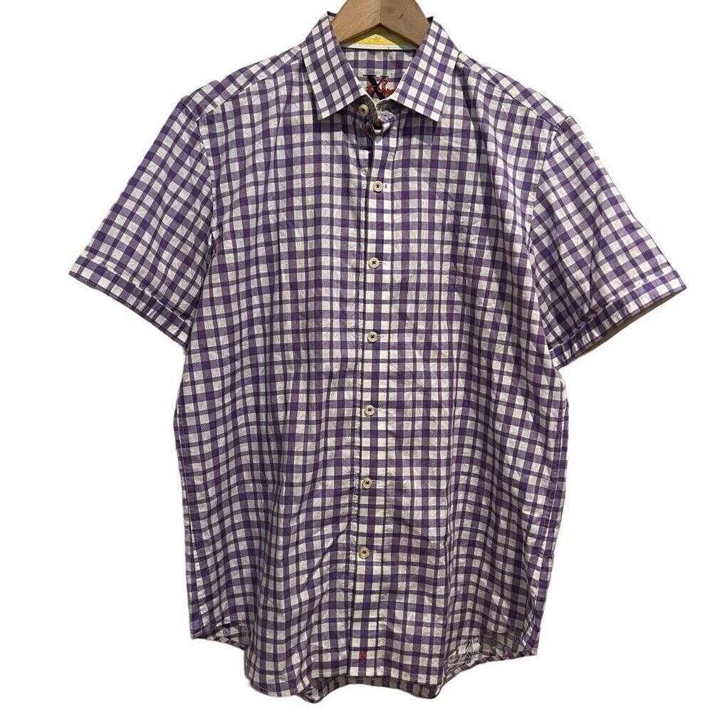 Robert Graham Purple Window Pane Short Sleeve Button Down Shirt Size M